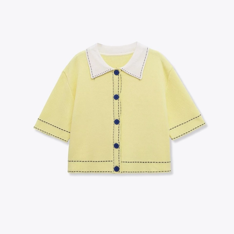 Strickjacke Kurzarm Damen Kontrast Polo Kragen Kontrastnähten Knopfleiste Lässiges Top Hellgelb Elegant