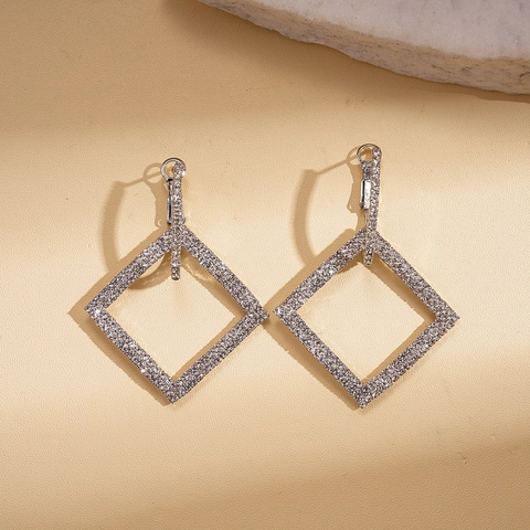 Legering Rhinestone Vierkante Hoop Oorbellen Met 925 Sterling Zilveren Oorsteker Geometrische Mode Sieraden Voor Vrouwen