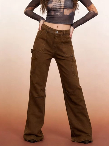Women Vintage Brown Denim Cargo Pants Multi Pockets Wide Leg Low Waist Distressed Casual Streetwear Jeans