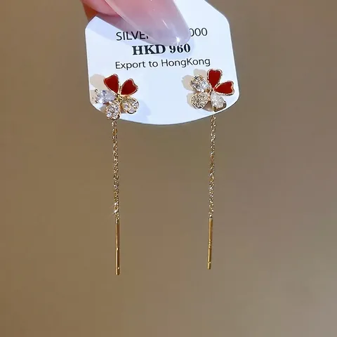 Flower Long Chain Ear Thread Earrings With Silver Earring Post Zircon Copper Gold Plated Red Enamel Elegant For Women