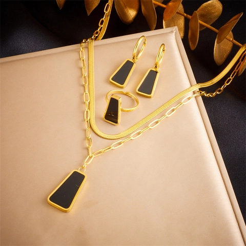 Edelstahl Schmuck Halskette Ohrringe Ring Schwarzer Trapezanhänger Retro Minimalistischer Stil Damen