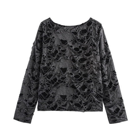 Women Long Sleeve Top Distressed Ripped Round Neck Loose Knit Shirt Japanese Shibuya Style Punk Streetwear Grey