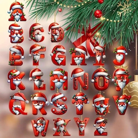 Christmas Letter Hanging Pendant Flat Acrylic Santa Claus Design Red For Home Tree Decoration Festive A-Z Ornament