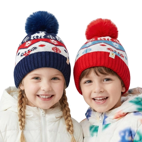 Berretto In Maglia Per Bambini Con Pompon Motivo Renna Fiocco Di Neve Fodera In Pile Inverno Caldo Natale Ragazzi Ragazze