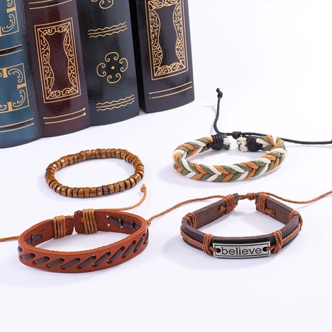 Pulsera Multicapa Hombre Cuero Cuentas Madera Cuerda Trenzada Placa Metal Believe Joyería Vintage Hecha Mano