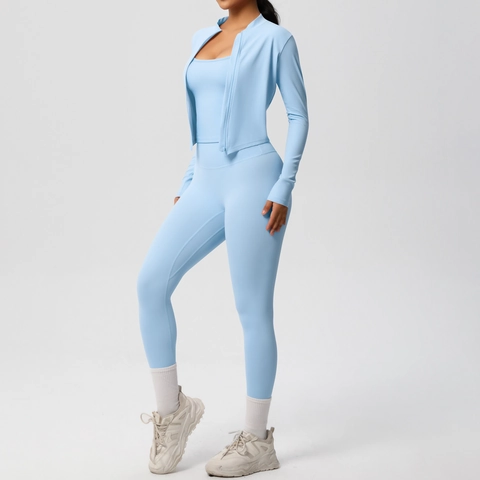 Women Sports Workout Clothes High Stretch Stand Collar Zipper Jacket Top And High Waist Leggings Gym Fitness Running