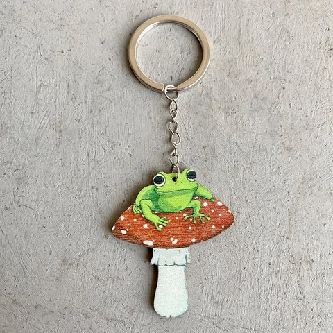 Portachiavi in Legno di Fungo Colorato Anello in Lega Gatto Rana Cartone Animato Illustrazione Ciondolo Zaino Accessori Anime Regalo per Studenti
