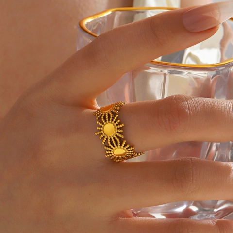 Sun Starburst Verstellbarer Offener Ring Edelstahl 18K Vergoldet Boho Geometrischer Modeschmuck Für Damen