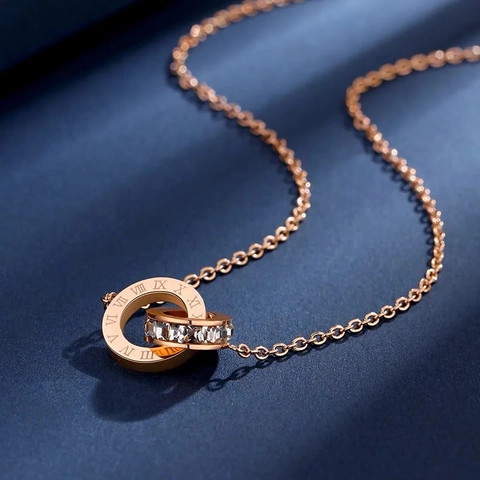 Luxury Titanium Steel Roman Numeral Double Ring Necklace Zirconia Inlaid Gold Silver Rose Gold Bracelet Stud Earrings Jewelry
