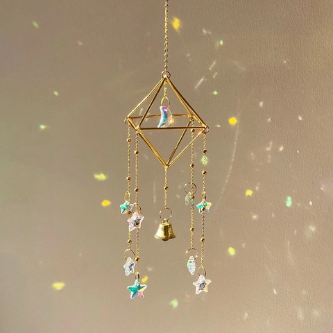Crystal Suncatcher Prism Ball Moon Stars Hanging Ornament Metal Geometric Rainbow Maker Window Decor With Bell