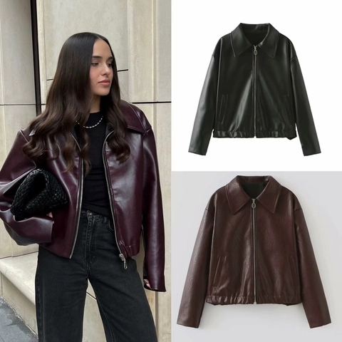 Women Faux Leather Jacket PU Moto Coat Zip Up Loose Fit Retro Solid Color Long Sleeve Streetwear Outerwear