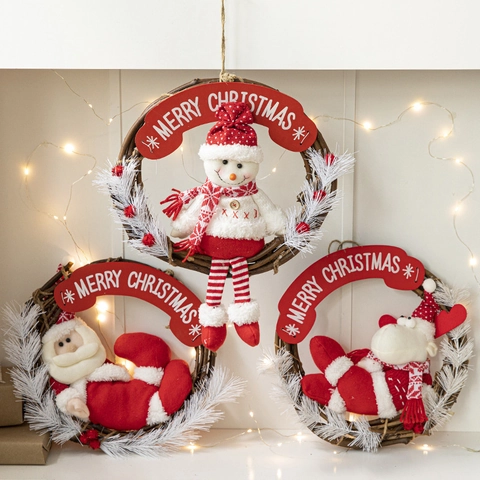 Christmas Wreath Vine Fabric Plush Santa Snowman Reindeer Hanging Ornament Window Door Wall Festival Decoration