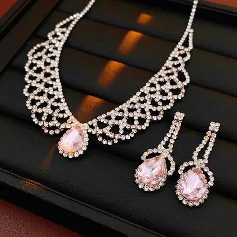 Ensemble Bijoux Collier Boucle Oreille Dentelle Cuivre Avec Zircon Goutte Eau Strass Pour Femmes Banquet Élégant Vintage