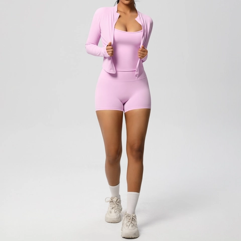 Conjunto De Yoga Para Mujer Nylon Spandex Secado Rápido Fitness Chaqueta Ajustada Camiseta Tirantes Y Pantalones Cortos