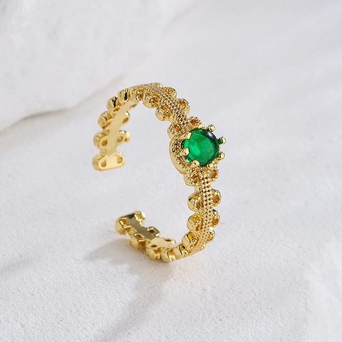 Minimalistischer Offener Ring Kupfer 18K Vergoldet Smaragdgrüner Zirkon Geometrisches Verstellbares Band Vintage Schmuck