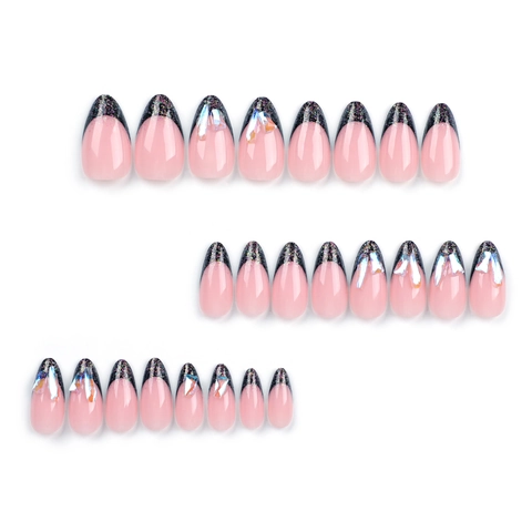 Uñas Postizas Forma Almendra Estilo Francés Degradado Brillo Diamantes Imitación Manicura Artificial