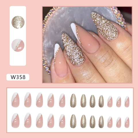 Uñas Postizas a Presión Blancas Minimalistas Francés Inclinado Purpurina Stiletto Almendra Larga Juego para Mujer Manicura
