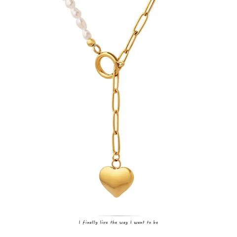 Asymmetric Freshwater Pearl Heart Pendant Necklace 18K Gold Plated Titanium Steel Toggle Clasp Elegant Jewelry For Women