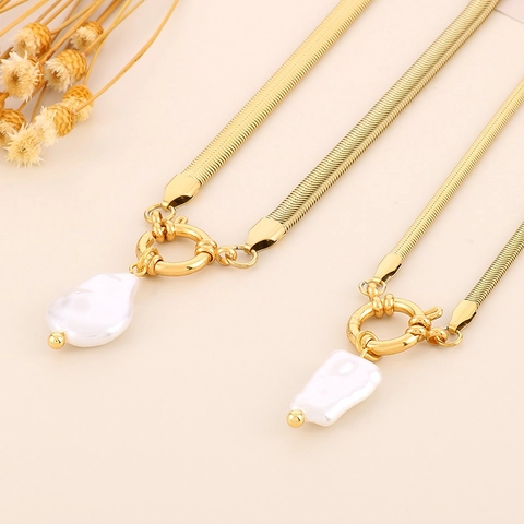 Stainless Steel Snake Chain Necklace With Baroque Plastic Artificial Pearl Pendant Gold Plated OT Clasp For Women