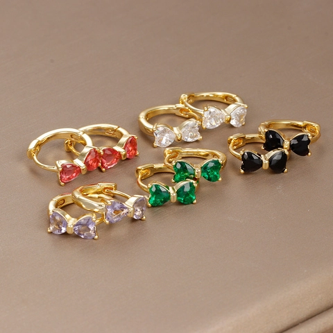 18K Gold Plated Copper Bowknot Huggie Hoop Earrings Exquisite Mini Rhinestone Inlaid Small Ear Studs For Women Daily Jewelry