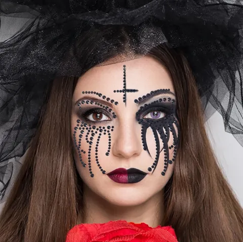 Gothic Cross Face Gems Black Rhinestone Stickers Self Adhesive Facial Jewelry For Halloween Cosplay Stage Makeup