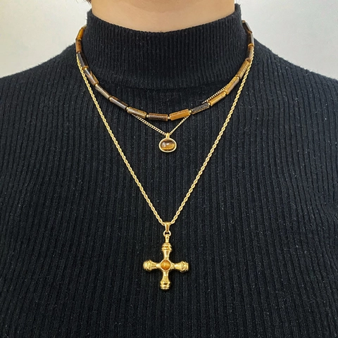 Stainless Steel Tiger Eye Gemstone Pendant Necklace Waterproof Hypoallergenic Cross Geometric Jewelry For Women