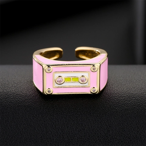 Anello Registratore A Cassette Retrò Rame Smalto Olio Gocciolante Regolabile Design Aperto Stile Punk Gioielli Per Donna