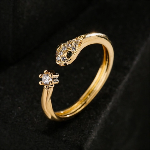 Schlange Offener Ring 18K Vergoldetes Kupfer Zirkonia Verstellbar Tierdesign Trendiger Schmuck Für Damen