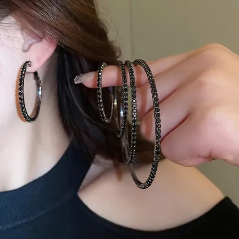 Oversized Hoop Earrings Rhinestone Paved Round Copper Jewelry With 925 Sterling Silver Earring Post Fashion Women