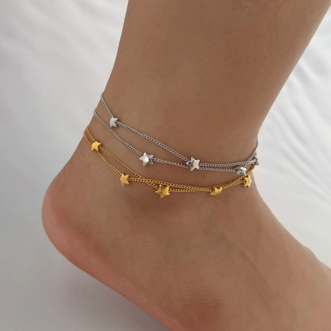 Star Anklet Double Layer Stainless Steel Star Charm Minimalist Delicate Foot Jewelry For Women Summer Beach Gift