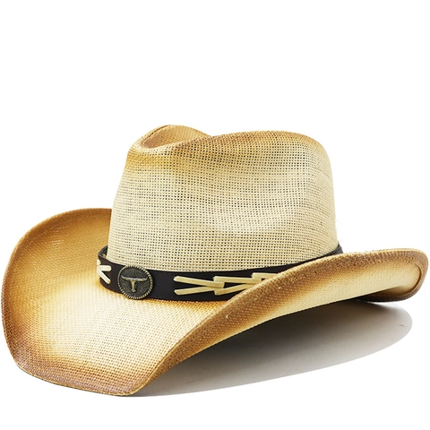 Westerse Cowboy Stropop Vintage Gradiënt Zonbescherming Brede Rand Met Leren Riem En Bull Head Badge