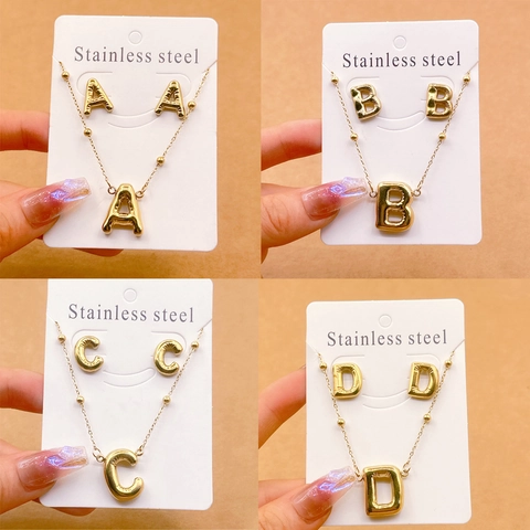 Bubble Initial Halskette Und Ohrringe Edelstahl Vergoldet Puffy Alphabet Buchstaben Schmuck Für Damen Elegant