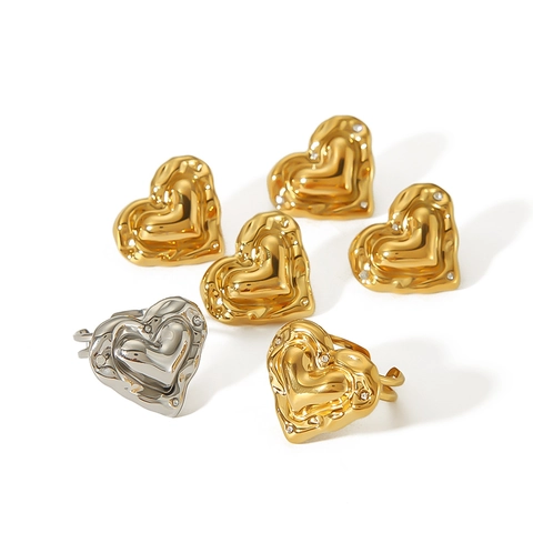 Onregelmatige Hart Oorbellen En Ring Roestvrij Staal Verguld Gesmolten Lava Textuur Strass Sieraden Voor Vrouwen