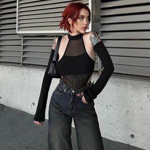 Body In Rete Con Maniche Indipendenti Collo Halter Nero Trasparente Alta Elasticità Sexy Gotico Streetwear Per Donne