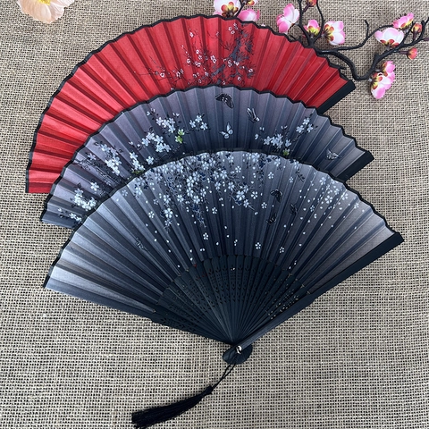 Abanico Plegable Tela Satén Marco Bambú Mano Estilo Chino Oriental Patrones Florales Mariposas Con Borla Decorativo