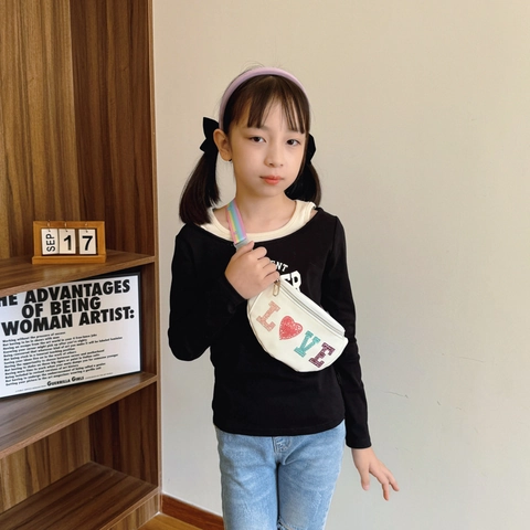 Kids Waist Bag PU Leather LOVE Sequined Patch Chest Pack Rainbow Adjustable Strap Children Fashion Travel Crossbody