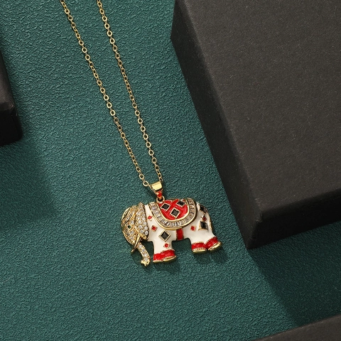 Elephant Pendant Necklace Retro Ethnic Style Gold Plated Brass With Zirconia Enamel Boho Jewelry For Women
