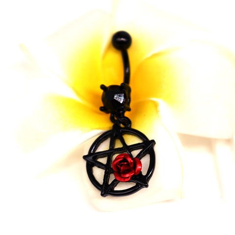 Gothic Stainless Steel Pentagram Red Rose Belly Ring Rhinestone Navel Piercing Jewelry For Women Punk Body Piercing Accessory