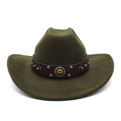Western Cowboy Hat Wool Felt Wide Brim Jazz Fedora With Riveted Leather Band For Men Women Retro Style