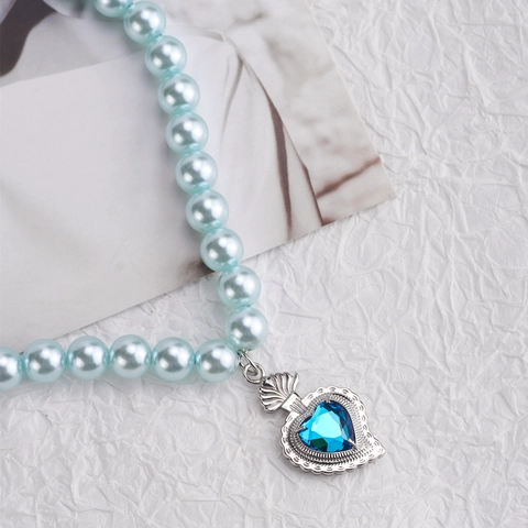 Heart Pendant Necklace Blue Rhinestone Light Blue Faux Artificial Pearl Titanium Steel Chain Hip Hop Aesthetic Jewelry For Women