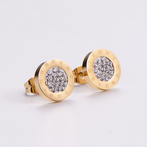Ronde Oorknopjes 316L Roestvrij Staal 18K Verguld Romeinse Cijfers Pavé Zirkoon Mode Sieraden Voor Dames