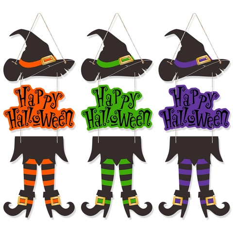 Cartello Da Porta Appeso Cappello E Gambe Di Strega Halloween Carta Decorazione Festa Happy Halloween Ornamento Casa