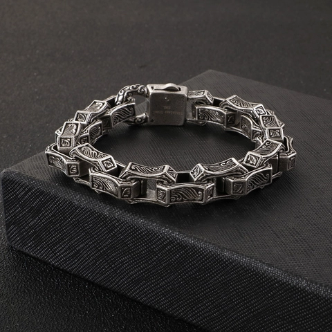 Bracciale Uomo Acciaio Inossidabile 316L Pesante Retro Motivo Onde Nuvole Incise Argento Antico Punk Gotico Gioielli