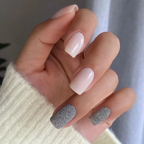 Press On Nails Square Round Shape Glossy Pink Silver Glitter Artificial False Nails For Women With Adhesive Tape File