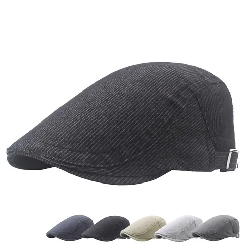 Heren Baret Platte Pet Zuiver Katoen Gestreepte Verstelbaar Zomer Zonbescherming Buiten Retro Britse Stijl Klassiek