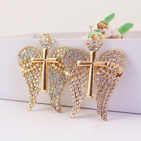 Gold Engelsflügel Kreuz Schlüsselanhänger Luxus Strass Krone Anhänger Metall Schlüsselring Für Damen Taschenzubehör Geschenk