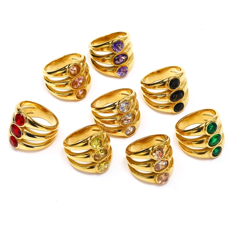 Fashion Women Stacked Rings Three Layer Oval Zircon Inlaid Stainless Steel Vintage Hip Hop Style Jewelry Accessory