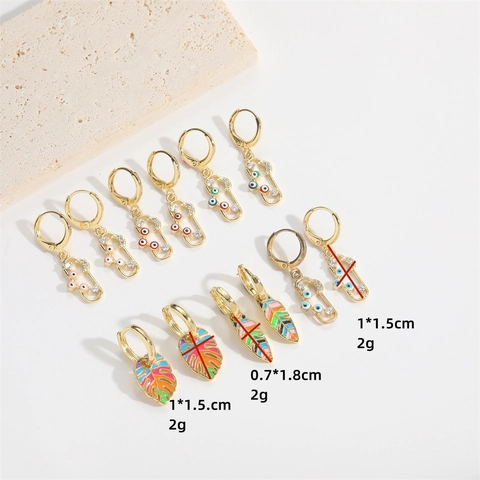 Orecchini Pendenti in Rame Smaltato con Occhio del Diavolo e Foglia per Donna Gioielli di Moda con Zirconia Colorata