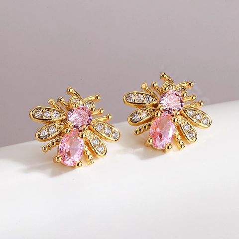 Pendientes De Botón Abeja Cobre Bañado En Oro Circón Colorido Motivo Animal Para Mujeres
