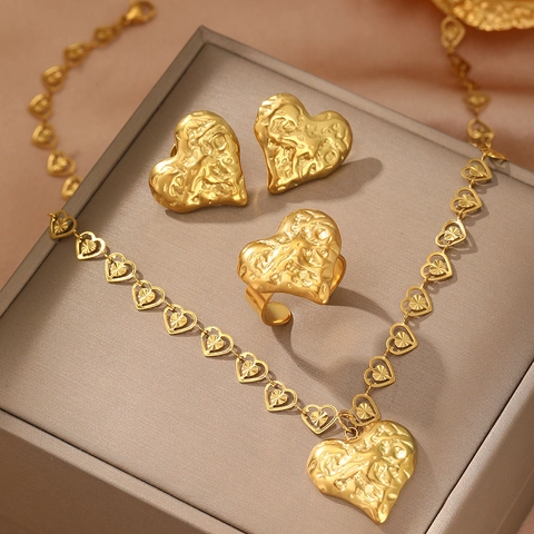 Vintage Franse Roestvrij Staal Onregelmatige Hart Sieradenset Gekreukelde Zandsteen Textuur Ketting Oorbellen Ring Goud Zilver Mode Vrouwen Sieraden